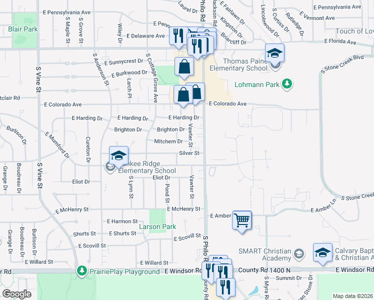 map of restaurants, bars, coffee shops, grocery stores, and more near 1306 Silver Street in Urbana