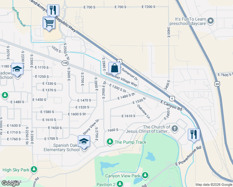 map of restaurants, bars, coffee shops, grocery stores, and more near 2998 East 1300 South Street in Spanish Fork
