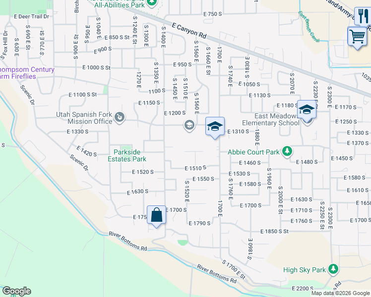 map of restaurants, bars, coffee shops, grocery stores, and more near 1492 East 1240 South in Spanish Fork