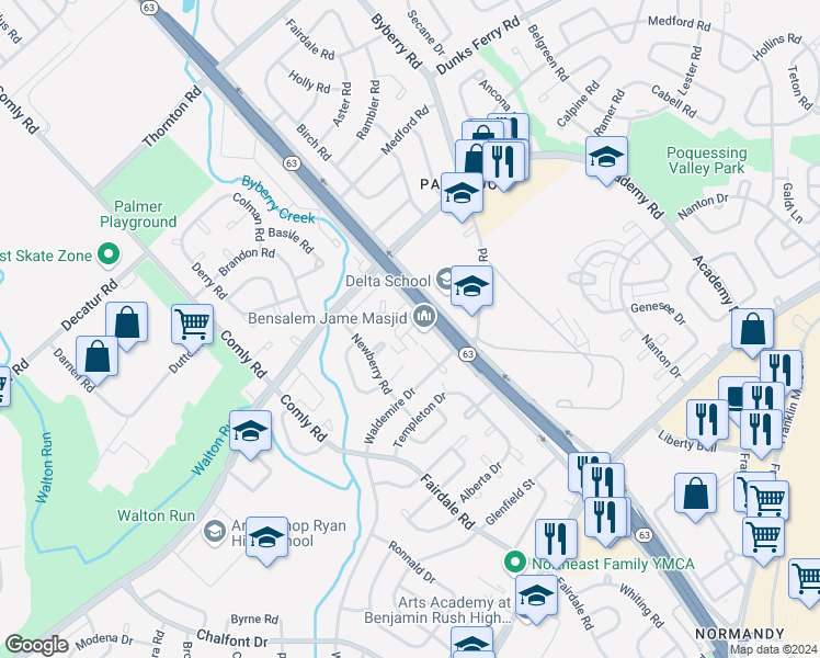 map of restaurants, bars, coffee shops, grocery stores, and more near 12097 Abby Road in Philadelphia