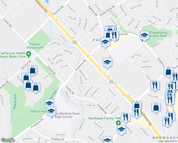 map of restaurants, bars, coffee shops, grocery stores, and more near 12017 Legion Street in Philadelphia