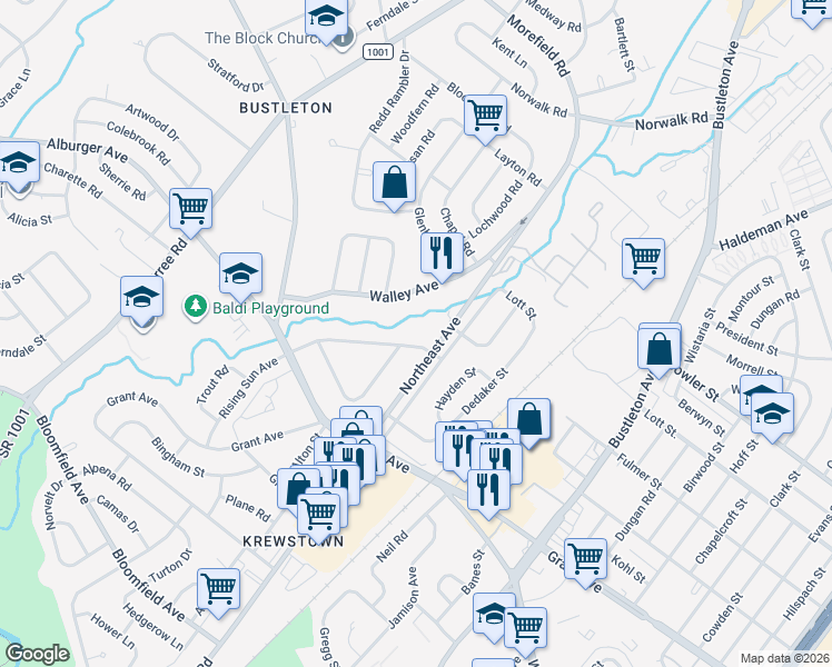 map of restaurants, bars, coffee shops, grocery stores, and more near 9570 Northeast Avenue in Philadelphia