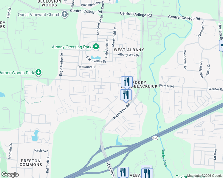 map of restaurants, bars, coffee shops, grocery stores, and more near 5518 Nottinghamshire Lane in Westerville