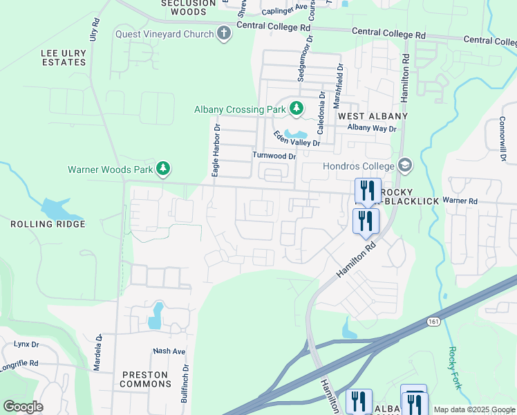 map of restaurants, bars, coffee shops, grocery stores, and more near 5009 Warner Road in Westerville