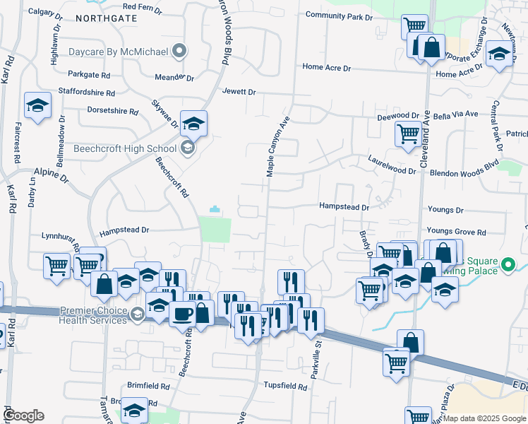 map of restaurants, bars, coffee shops, grocery stores, and more near 2086 Hampstead Drive North in Columbus