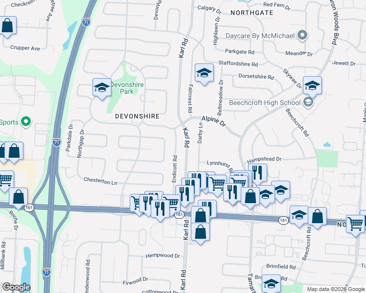 map of restaurants, bars, coffee shops, grocery stores, and more near 6115 Karl Road in Columbus