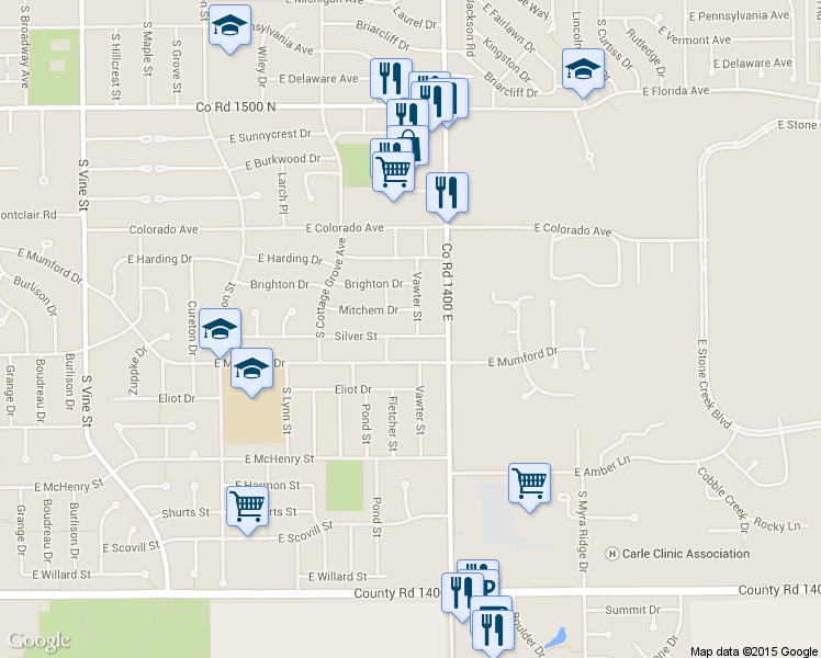 map of restaurants, bars, coffee shops, grocery stores, and more near 1303 Mitchem Drive in Urbana
