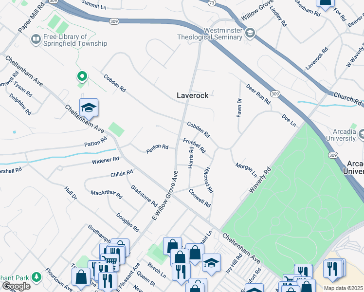 map of restaurants, bars, coffee shops, grocery stores, and more near 1644 East Willow Grove Avenue in Laverock