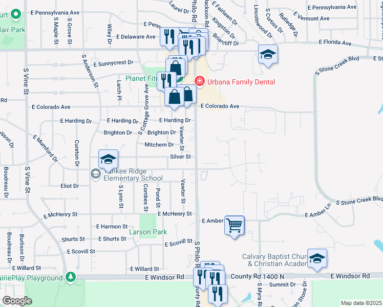 map of restaurants, bars, coffee shops, grocery stores, and more near 1404 Silver Street in Urbana