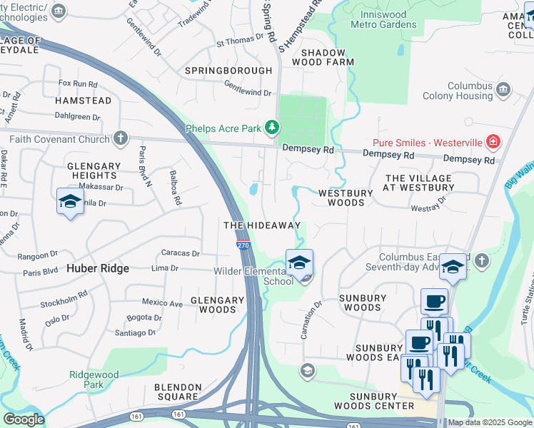 map of restaurants, bars, coffee shops, grocery stores, and more near 1363 Hideaway Woods Drive in Westerville