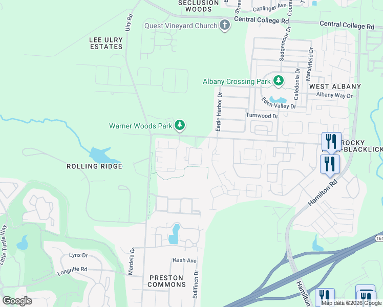 map of restaurants, bars, coffee shops, grocery stores, and more near 5505 Holister Drive in Westerville