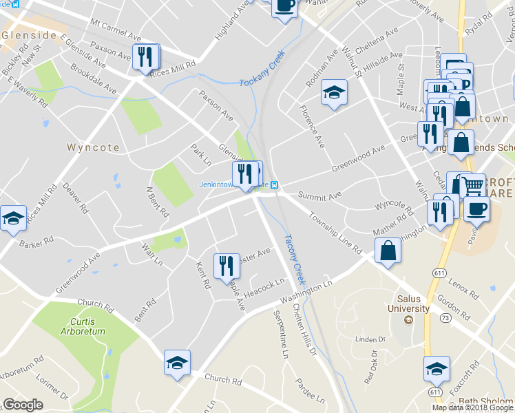 map of restaurants, bars, coffee shops, grocery stores, and more near 218 Glenside Avenue in Wyncote