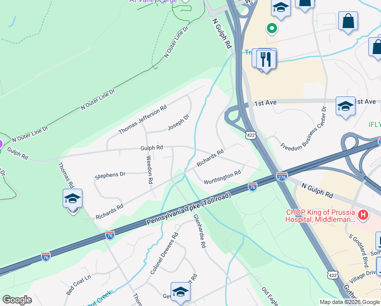 map of restaurants, bars, coffee shops, grocery stores, and more near 714 Gulph Road in Wayne