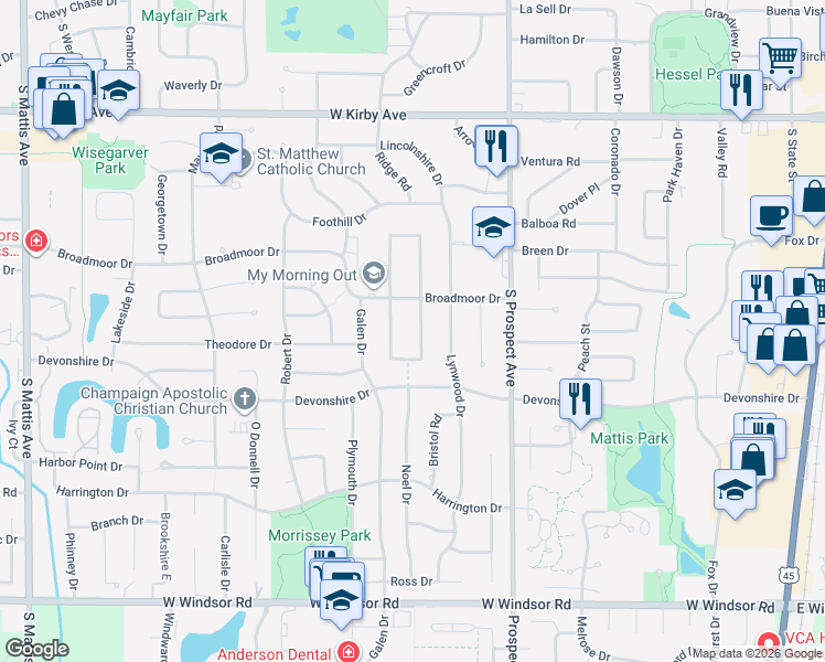 map of restaurants, bars, coffee shops, grocery stores, and more near 1907 Mc Donald Drive in Champaign