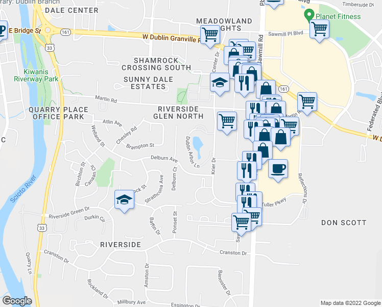 map of restaurants, bars, coffee shops, grocery stores, and more near Dublin Arbor Ln in Columbus