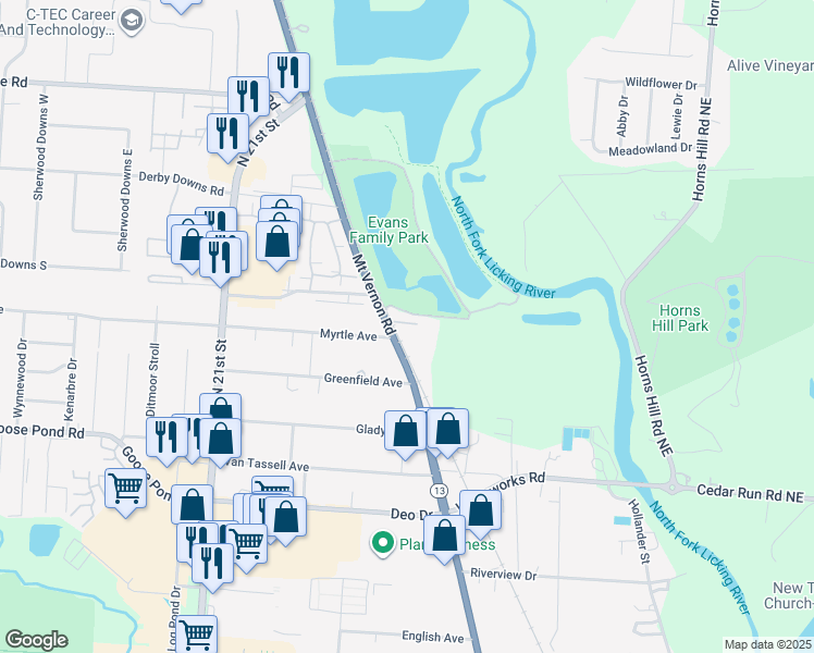 map of restaurants, bars, coffee shops, grocery stores, and more near 1282 Mount Vernon Road in Newark