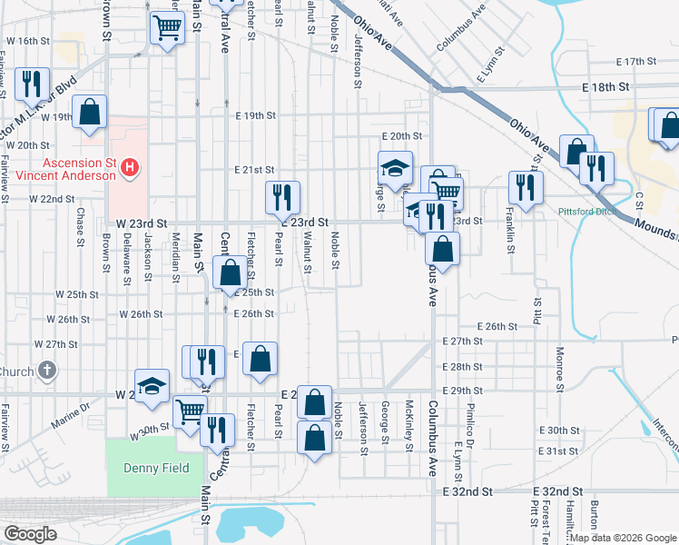 map of restaurants, bars, coffee shops, grocery stores, and more near 2434 Noble Street in Anderson