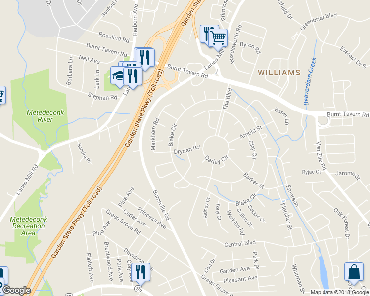 map of restaurants, bars, coffee shops, grocery stores, and more near 10 Dryden Road in Brick