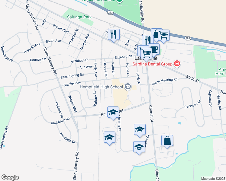 map of restaurants, bars, coffee shops, grocery stores, and more near 265 Lania Drive in Salunga-Landisville
