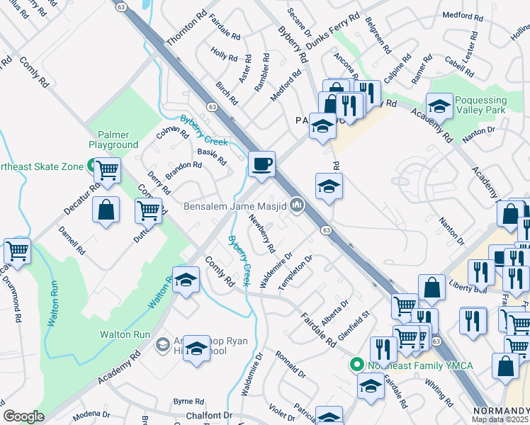 map of restaurants, bars, coffee shops, grocery stores, and more near 12017 Legion Street in Philadelphia