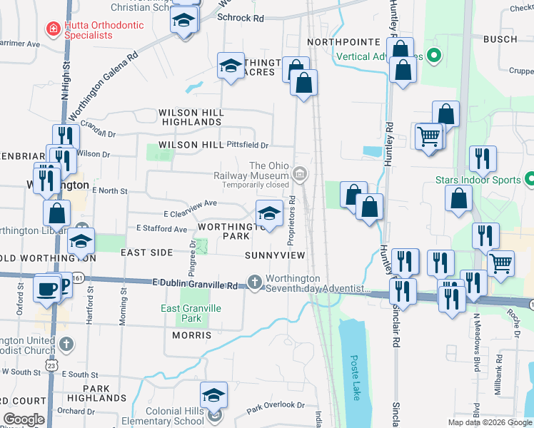 map of restaurants, bars, coffee shops, grocery stores, and more near 477 East Stafford Avenue in Worthington