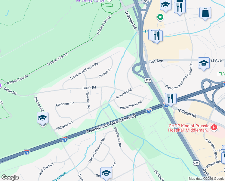 map of restaurants, bars, coffee shops, grocery stores, and more near 714 Gulph Road in Wayne
