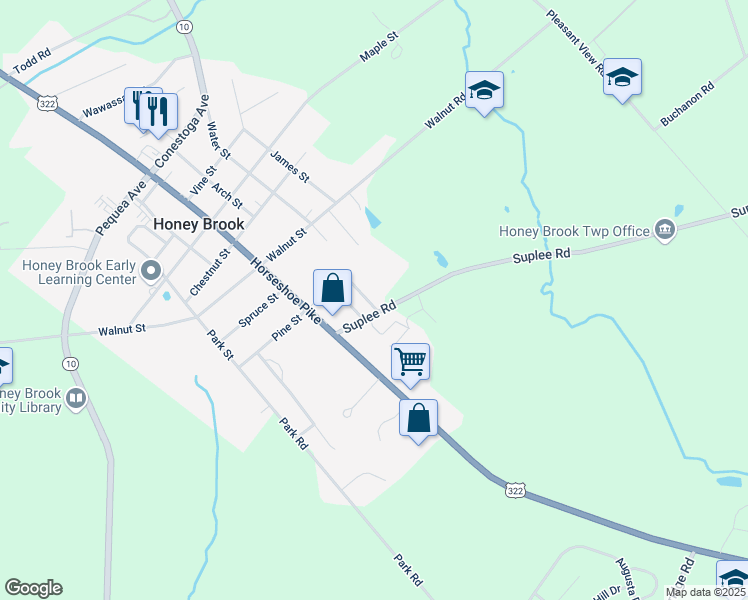 map of restaurants, bars, coffee shops, grocery stores, and more near 7 Vintage Lane in Honey Brook