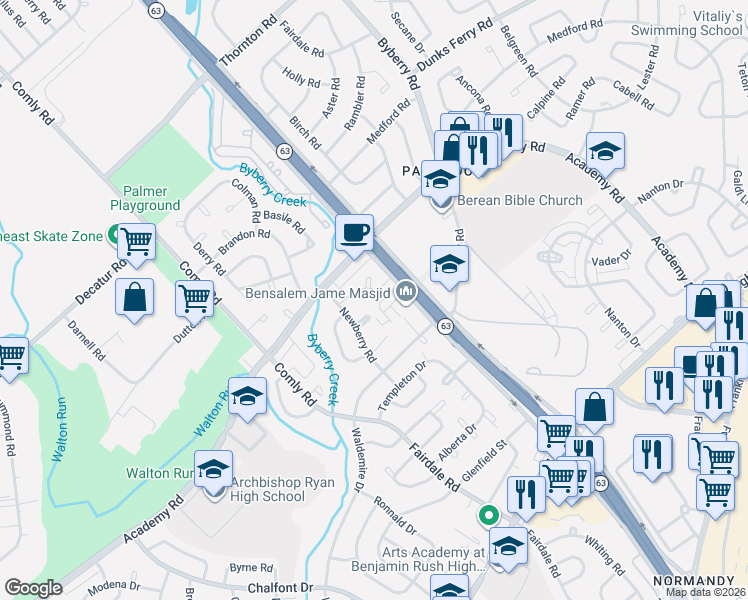 map of restaurants, bars, coffee shops, grocery stores, and more near 12097 Abby Road in Philadelphia