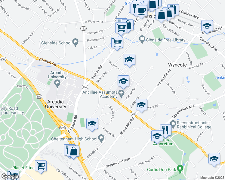 map of restaurants, bars, coffee shops, grocery stores, and more near 651 Mulford Road in Wyncote