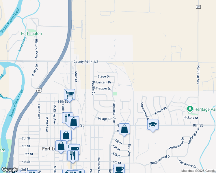map of restaurants, bars, coffee shops, grocery stores, and more near 1108 Lantern Drive in Fort Lupton