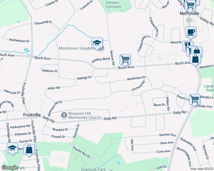 map of restaurants, bars, coffee shops, grocery stores, and more near 142 Woodside Road in Lancaster