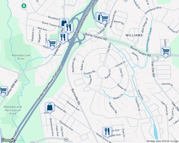 map of restaurants, bars, coffee shops, grocery stores, and more near 2 Melville Lane in Brick Township