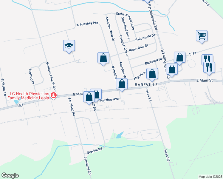 map of restaurants, bars, coffee shops, grocery stores, and more near 239 East Main Street in Leacock-Leola-Bareville