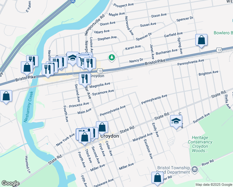 map of restaurants, bars, coffee shops, grocery stores, and more near 311 Woodland Avenue in Croydon