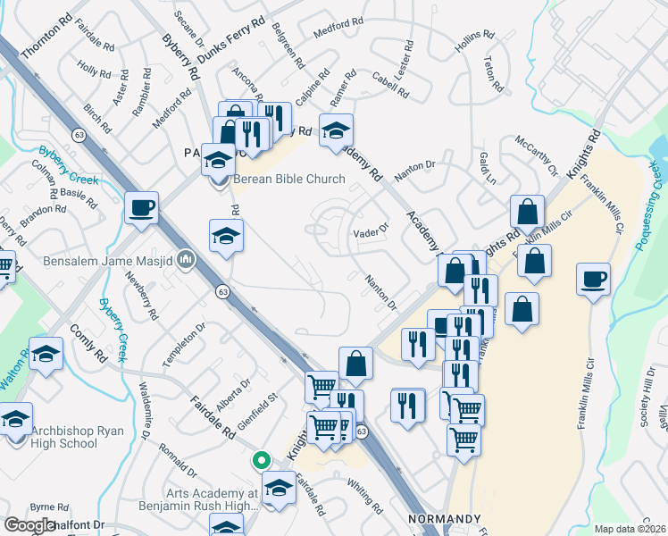 map of restaurants, bars, coffee shops, grocery stores, and more near 3634 Genesee Drive in Philadelphia