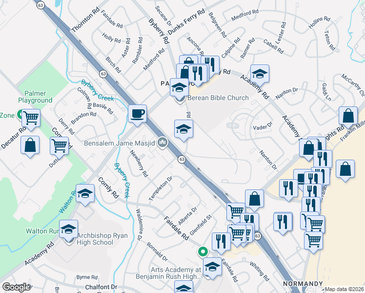 map of restaurants, bars, coffee shops, grocery stores, and more near 3378 Byberry Road in Philadelphia