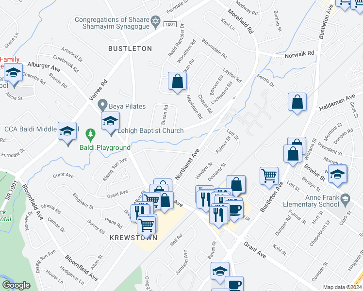 map of restaurants, bars, coffee shops, grocery stores, and more near 9570 Northeast Avenue in Philadelphia