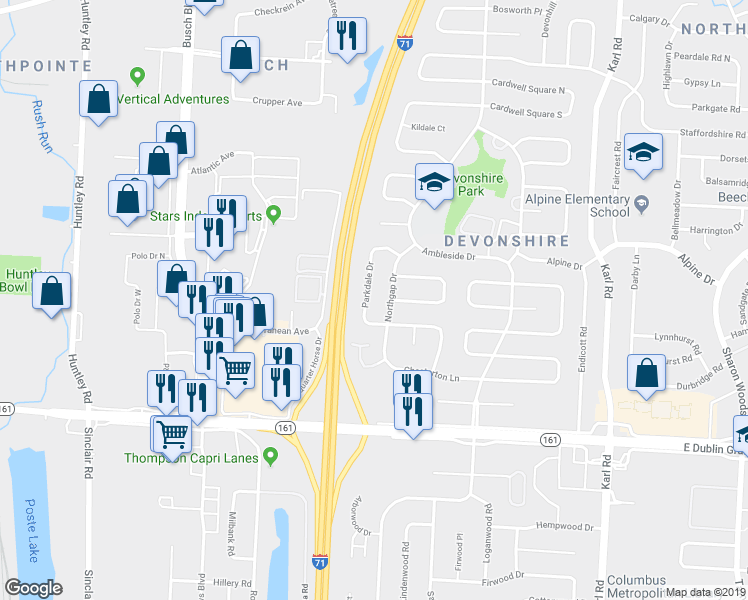 map of restaurants, bars, coffee shops, grocery stores, and more near 6161 Parkdale Drive in Columbus
