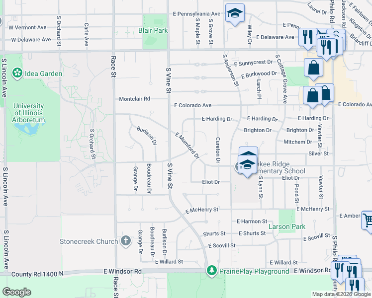 map of restaurants, bars, coffee shops, grocery stores, and more near 406 East Mumford Drive in Urbana
