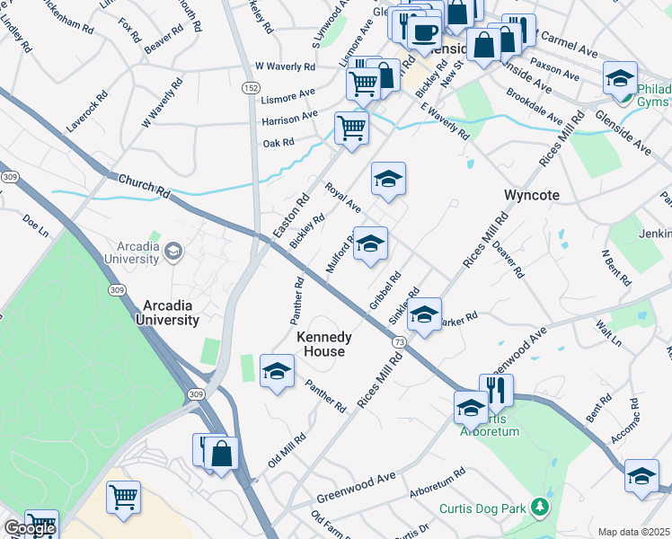 map of restaurants, bars, coffee shops, grocery stores, and more near 651 Mulford Road in Wyncote