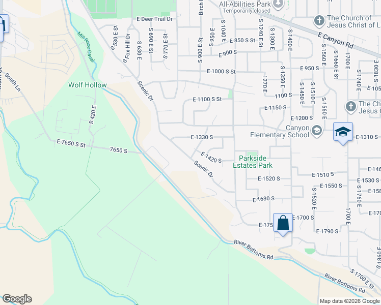 map of restaurants, bars, coffee shops, grocery stores, and more near 1428 South 980 East Street in Spanish Fork