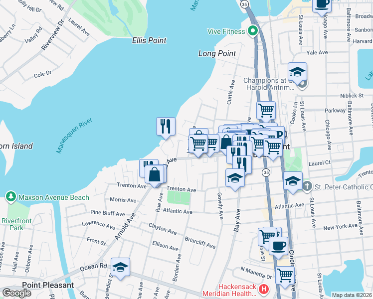 map of restaurants, bars, coffee shops, grocery stores, and more near 429 Lincoln Avenue in Point Pleasant