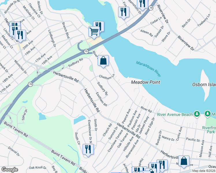 map of restaurants, bars, coffee shops, grocery stores, and more near 205 Eastham Road in Point Pleasant