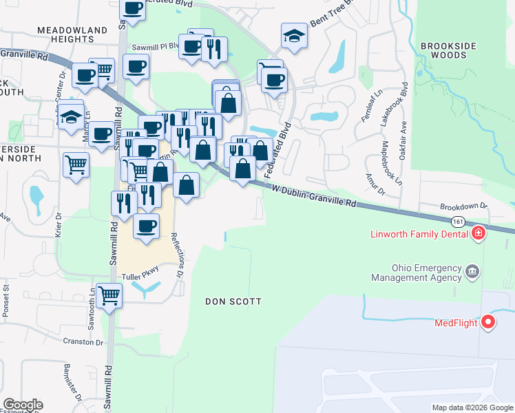 map of restaurants, bars, coffee shops, grocery stores, and more near 6667 Wesbury Park Avenue in Columbus
