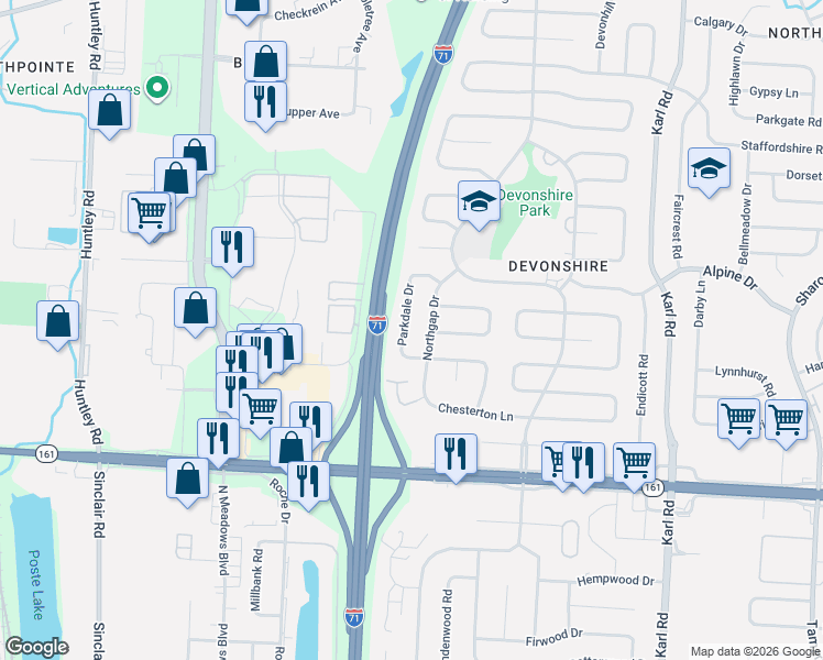 map of restaurants, bars, coffee shops, grocery stores, and more near 6161 Parkdale Drive in Columbus