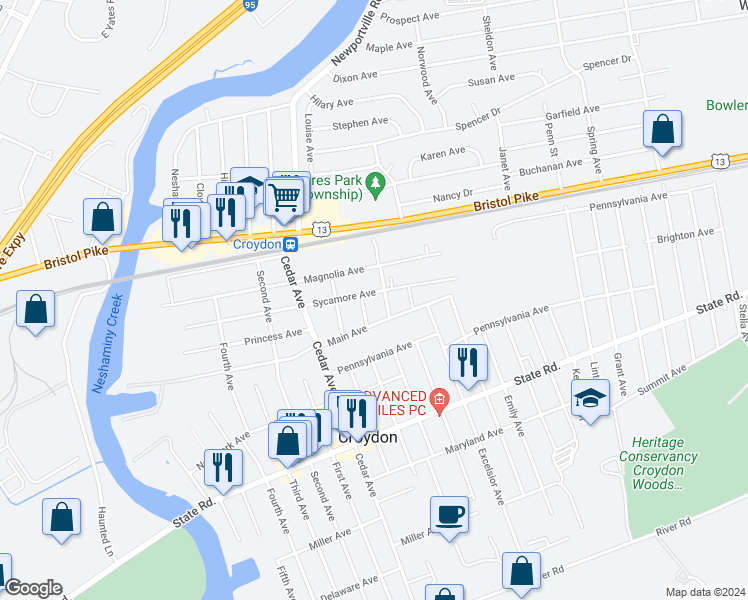 map of restaurants, bars, coffee shops, grocery stores, and more near 1008 Sycamore Avenue in Croydon