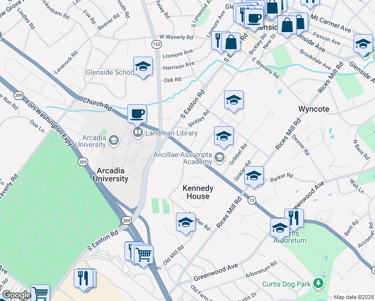 map of restaurants, bars, coffee shops, grocery stores, and more near 1410 Panther Road in Wyncote