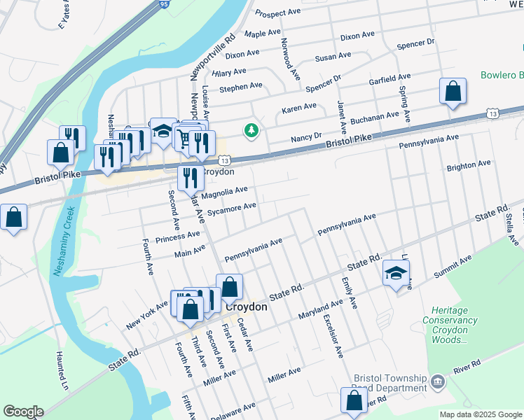 map of restaurants, bars, coffee shops, grocery stores, and more near 311 Woodland Avenue in Croydon