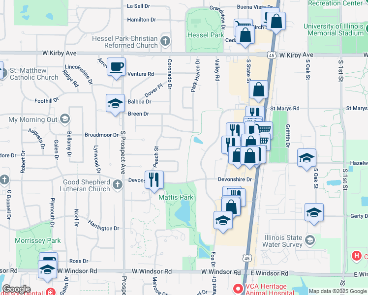 map of restaurants, bars, coffee shops, grocery stores, and more near 21 Ashley Lane in Champaign