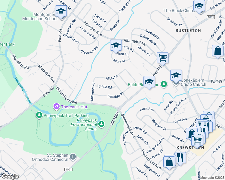 map of restaurants, bars, coffee shops, grocery stores, and more near 8645 Bridle Road in Philadelphia